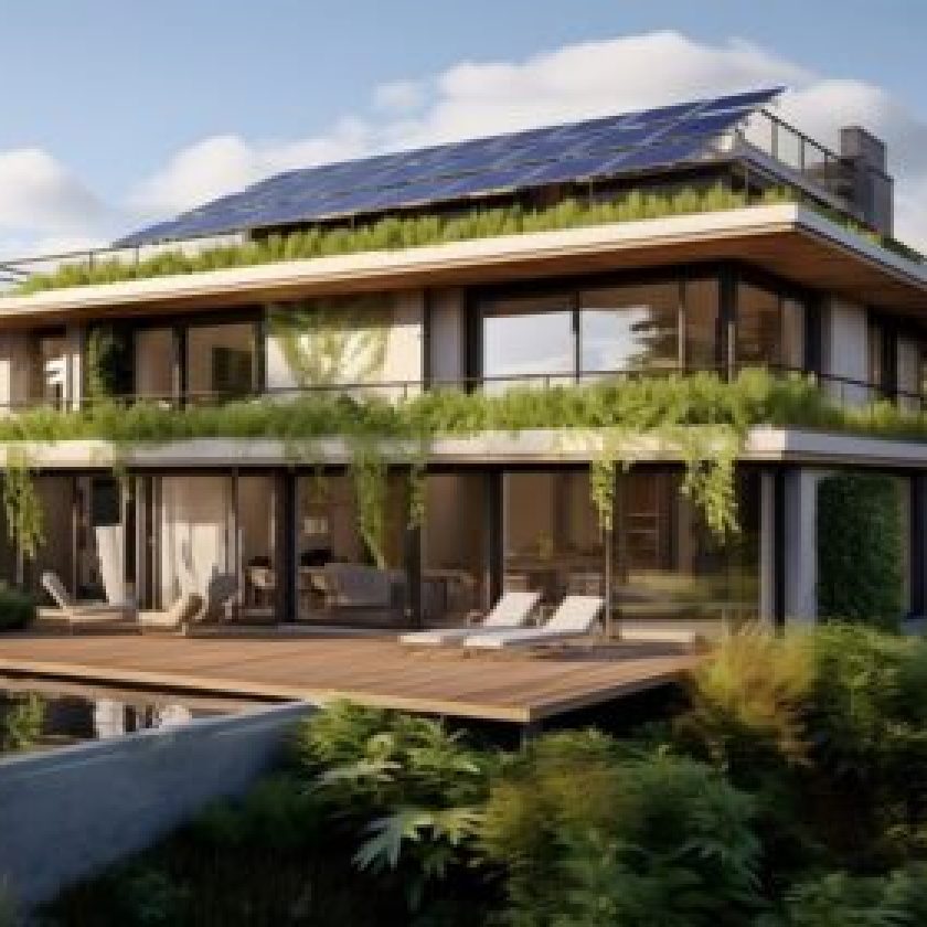 Duplex Modern Sustainable House Design with solar on roof with wide windows and balcony full of grass on it